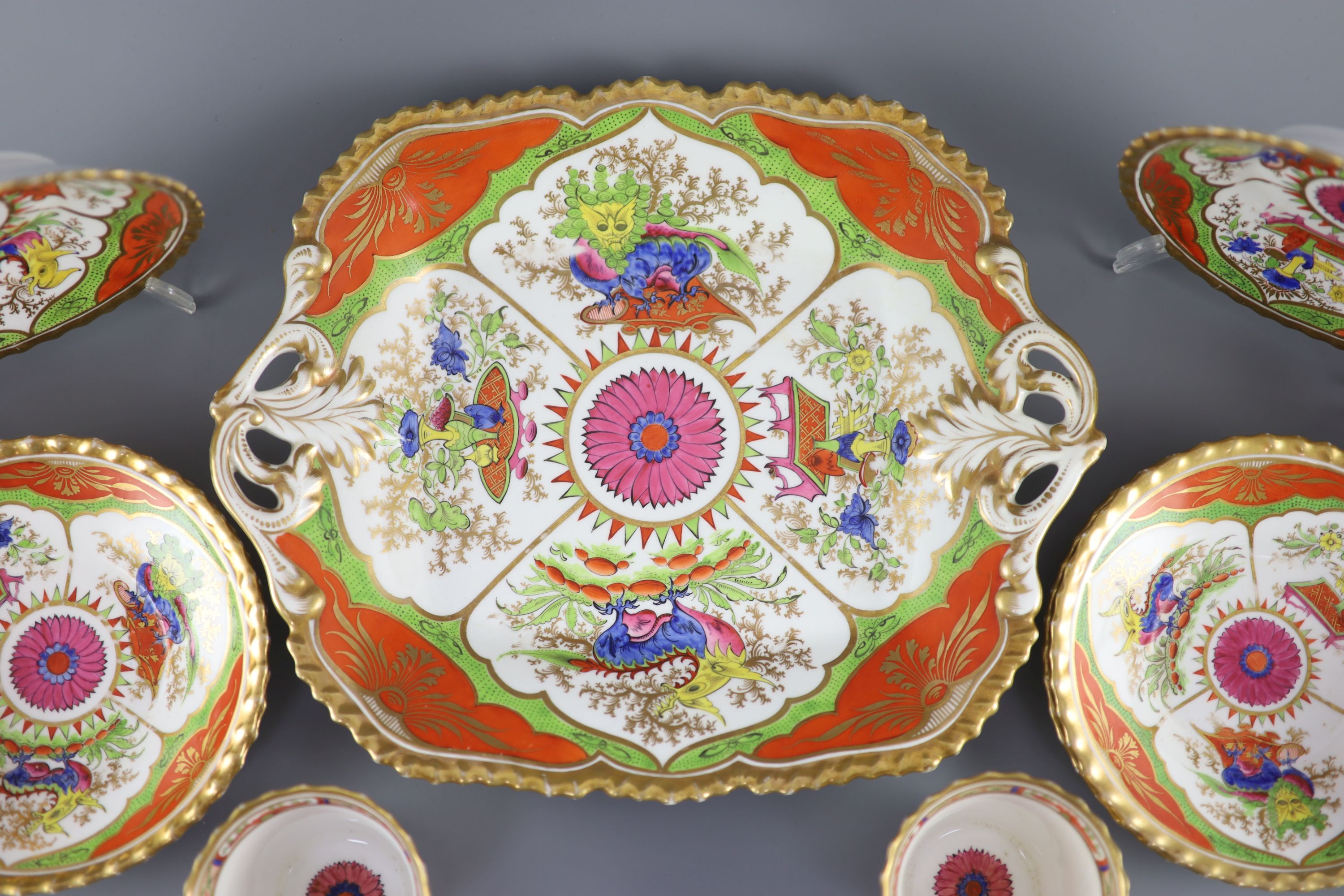 A Chamberlain & Co. Worcester ‘Bengal Tiger’ or ‘Dragons in Compartments’ part tea and coffee set, c.1840, (14)